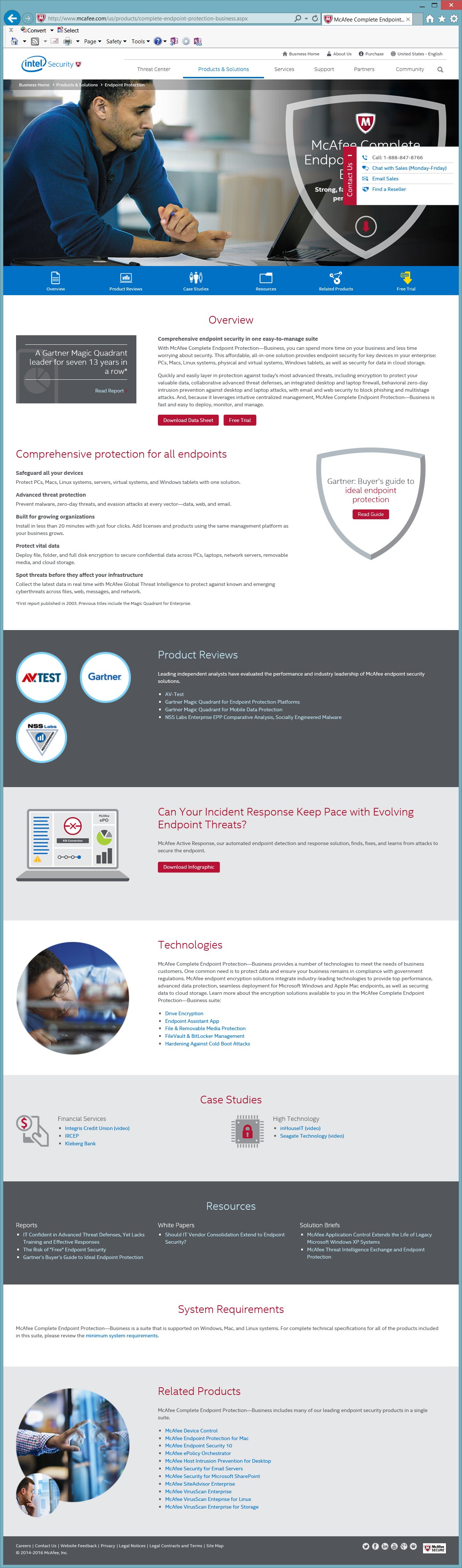 Intel Security Complete Endpoint Protection page with contact