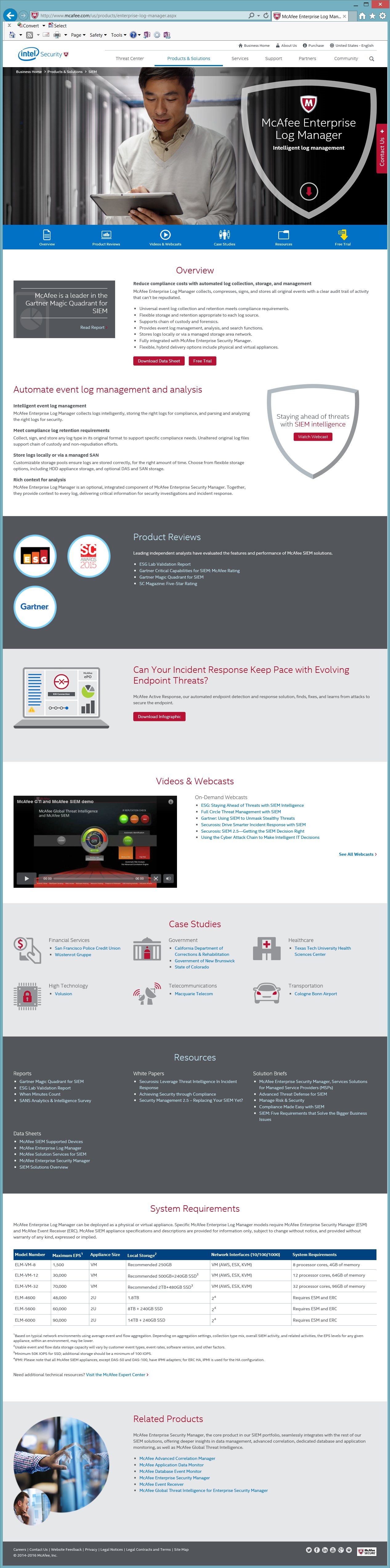 Intel Security Enterprise Log Manager page