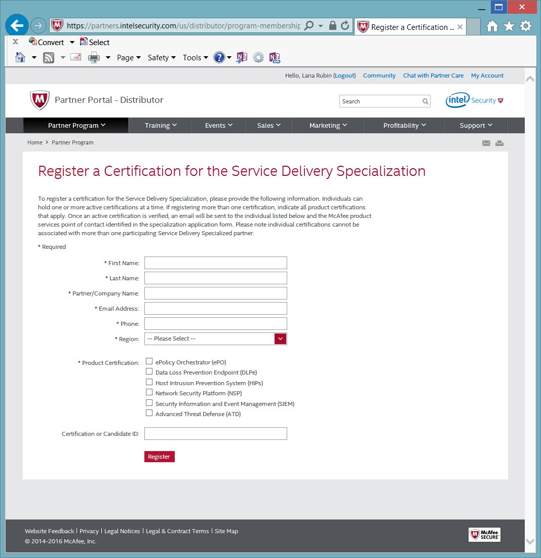 Intel Security Partner Portal Form page