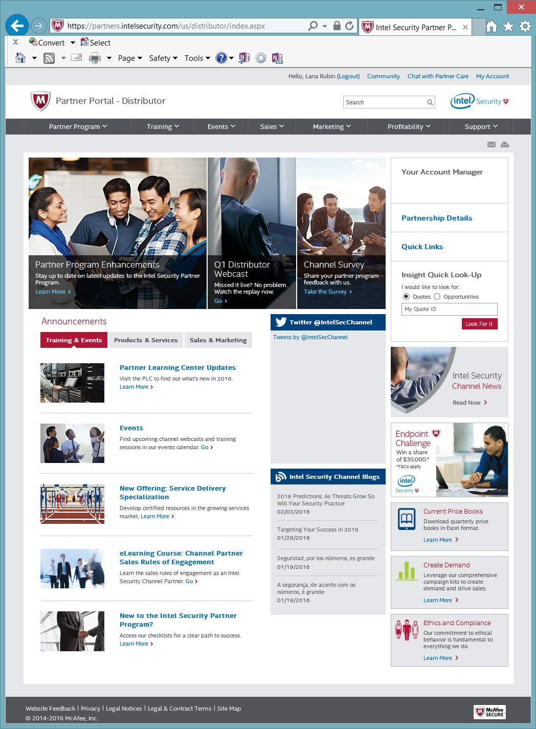 Intel Security Partner Portal homepage