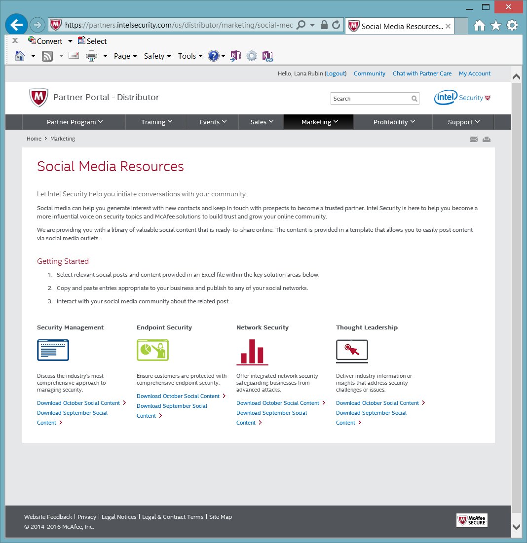 Intel Security Partner Portal Social Media Resources page