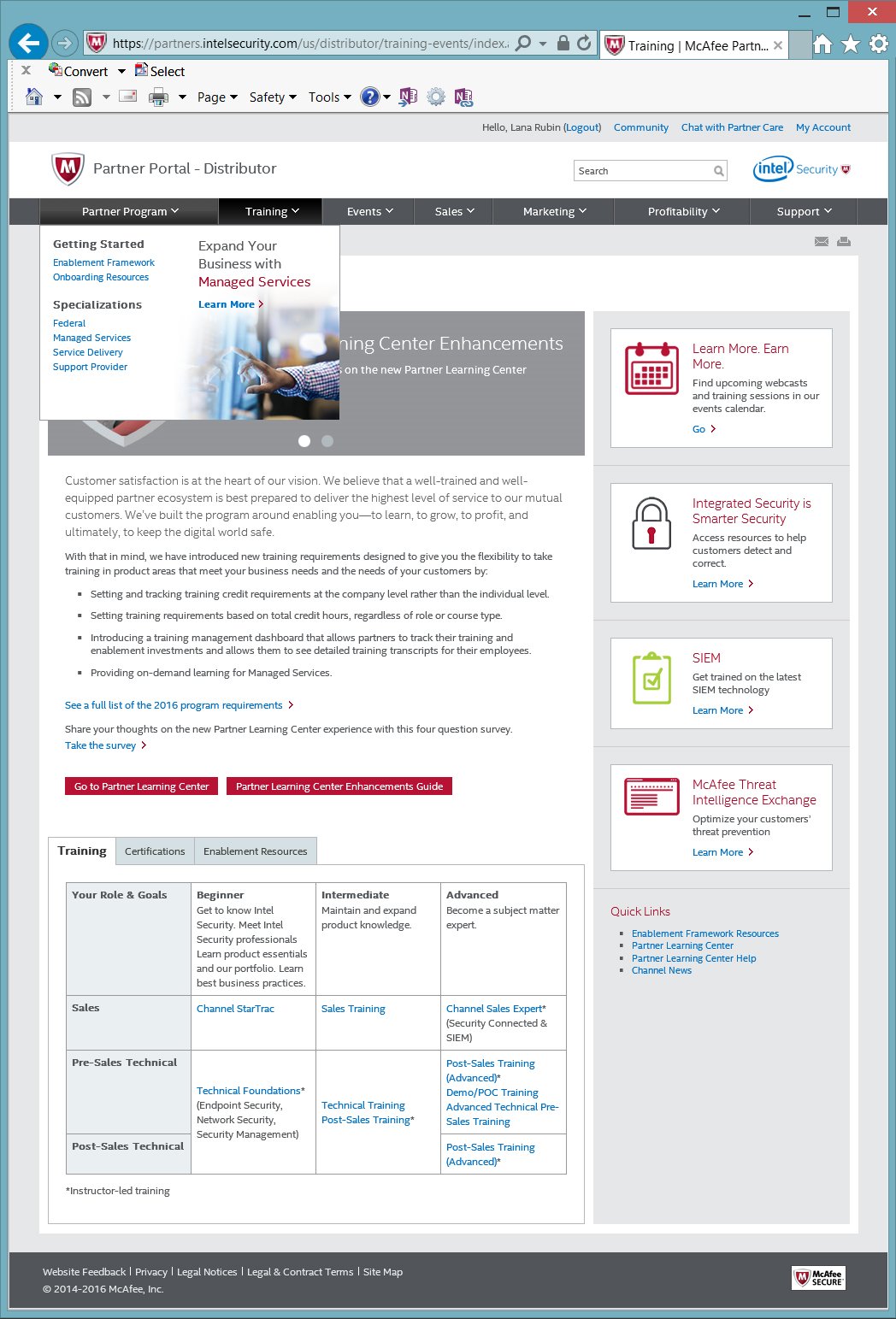 Intel Security Partner Portal Training page