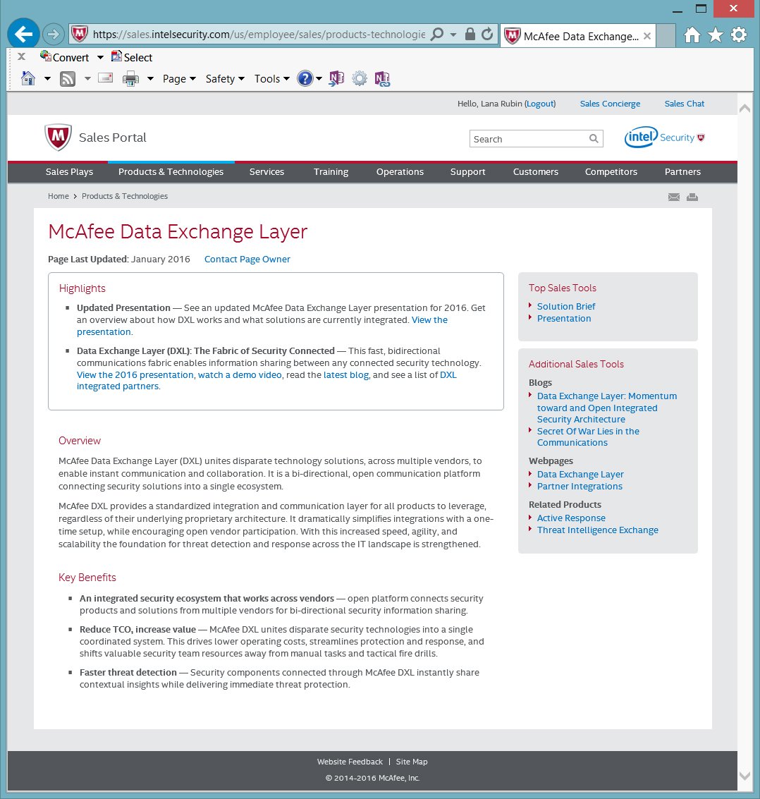 Intel Security Sales Portal Data Exchange Layer page