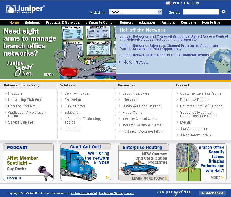 Juniper Networks homepage 2007 before me