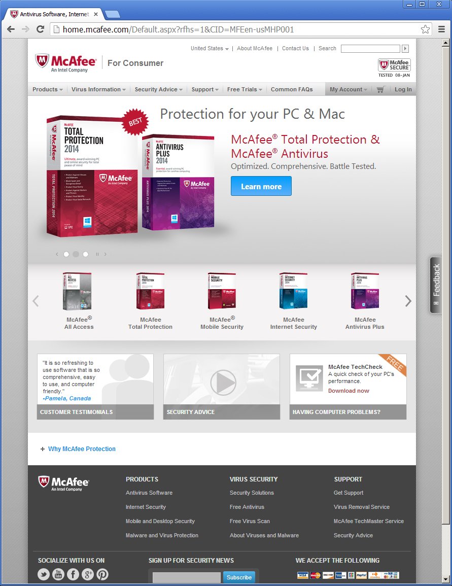 McAfee Consumer homepage