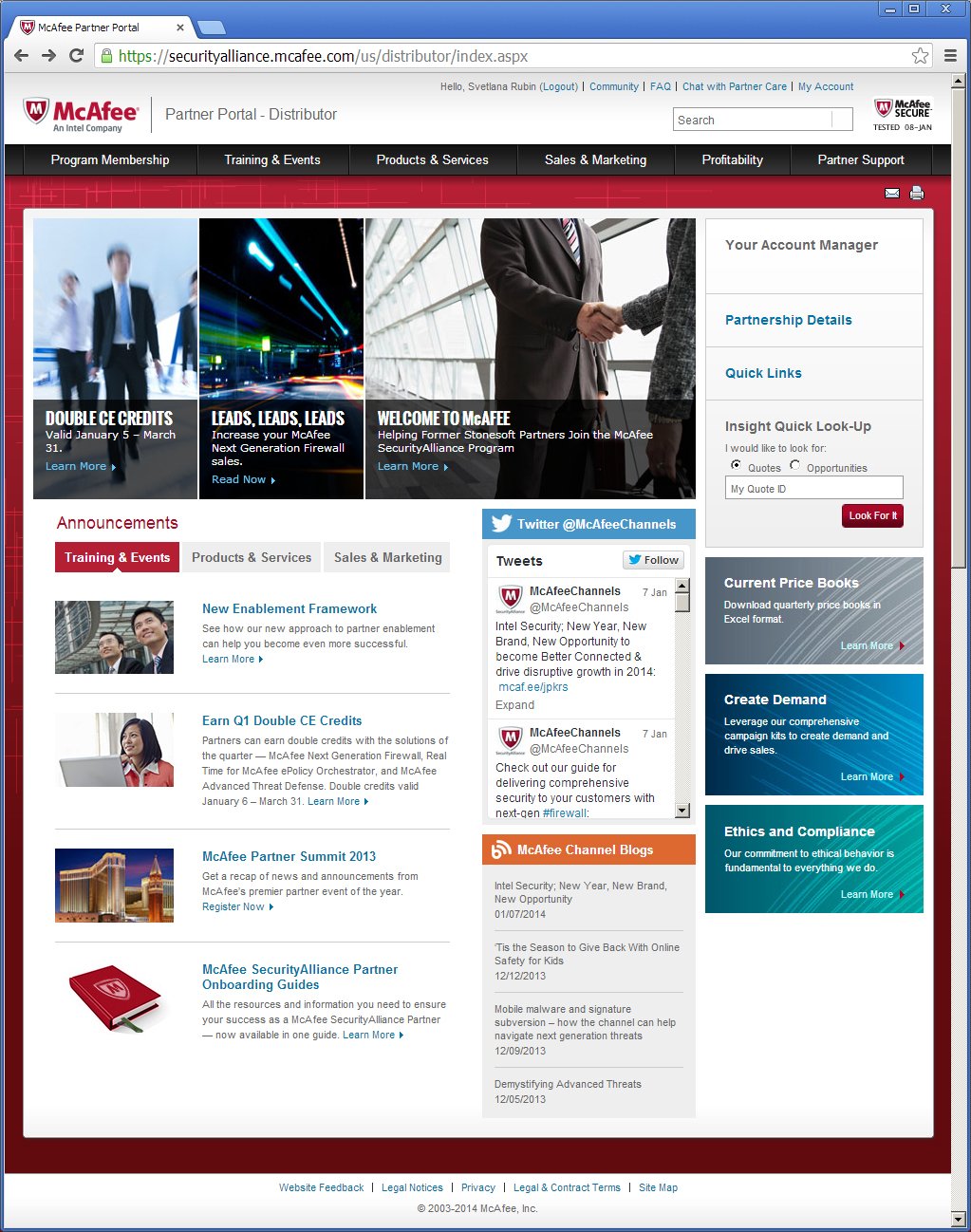 McAfee Partner Portal homepage